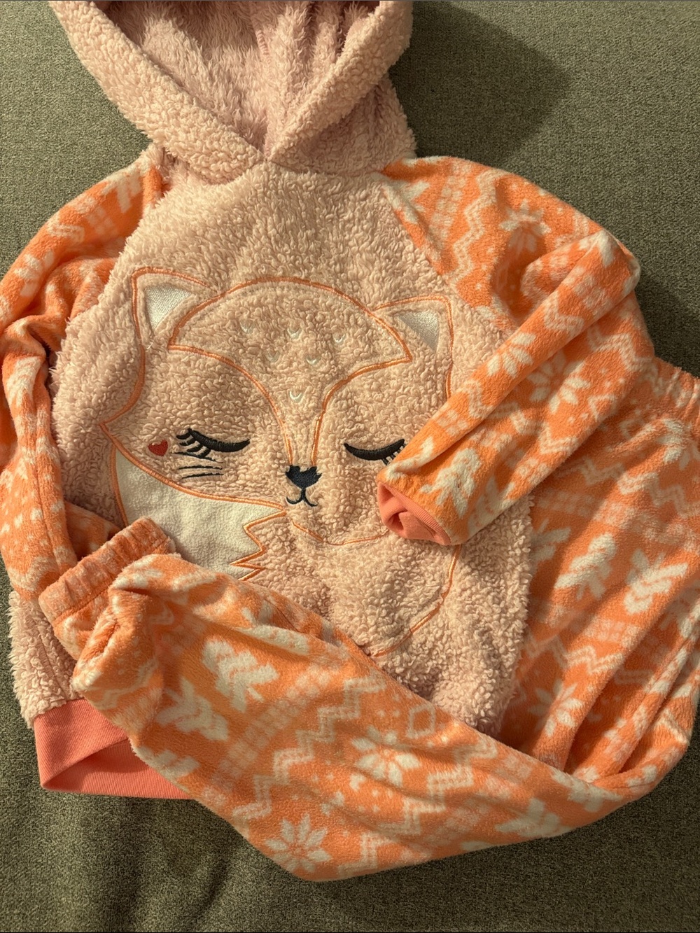 3/$15- Cuddl Duds Peach & White Fox Hooded Kids Pajamas